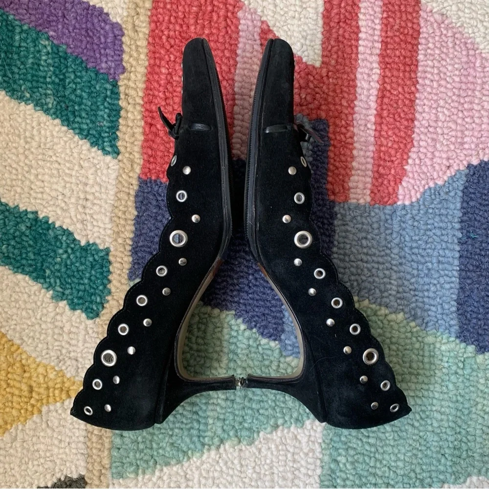 Sacco Black Suede Grommet Pointy Toed Scalloped Edge Kitten Heel Pumps Size 8 38 - Picture 9 of 16